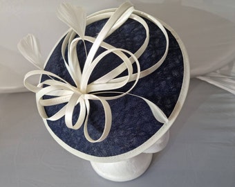 New Navy and Cream  Round Fascinator Hatinator with Band & Clip Weddings Races, Ascot, Kentucky Derby, Melbourne Cup