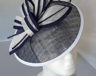 New Navy White Round Fascinator Hatinator with Band & Clip Weddings Races, Ascot, Kentucky Derby, Melbourne Cup