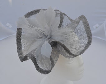 Grey Sinamay and Feathers Fascinator Hatinator with Clip and HeadBand Weddings Races, Ascot, Kentucky Derby, Melbourne Cup