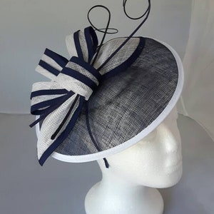 New Navy White Round Fascinator Hatinator with Band & Clip Weddings Races, Ascot, Kentucky Derby, Melbourne Cup image 2