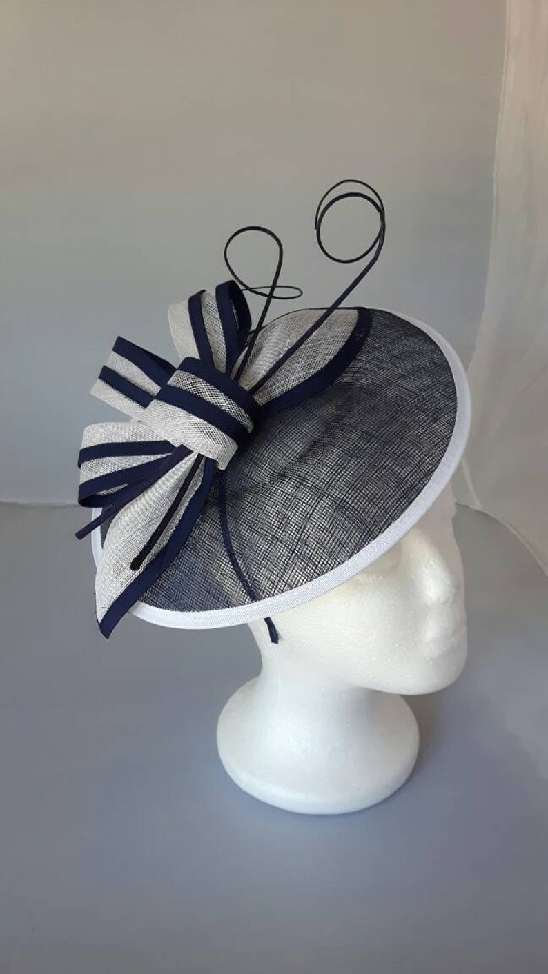New Navy White Round Fascinator Hatinator with Band & Clip Weddings Races, Ascot, Kentucky Derby, Melbourne Cup image 2