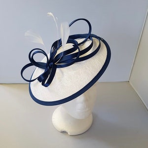 New White and Navy Blue Round Fascinator Hatinator with Band & Clip Weddings Races, Ascot, Kentucky Derby, Melbourne Cup image 3