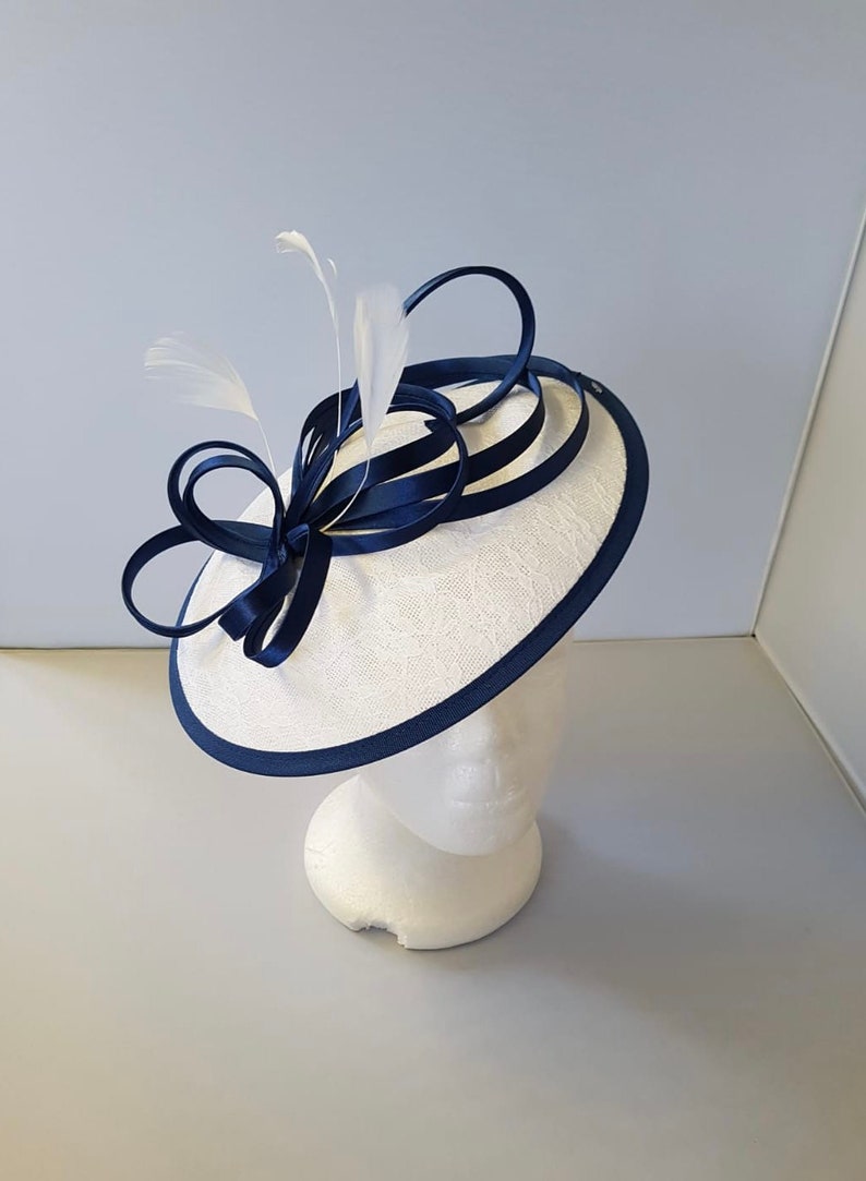 New White and Navy Blue Round Fascinator Hatinator with Band & Clip Weddings Races, Ascot, Kentucky Derby, Melbourne Cup image 3