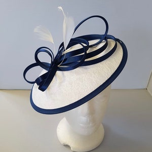 New White and Navy Blue Round Fascinator Hatinator with Band & Clip Weddings Races, Ascot, Kentucky Derby, Melbourne Cup image 4