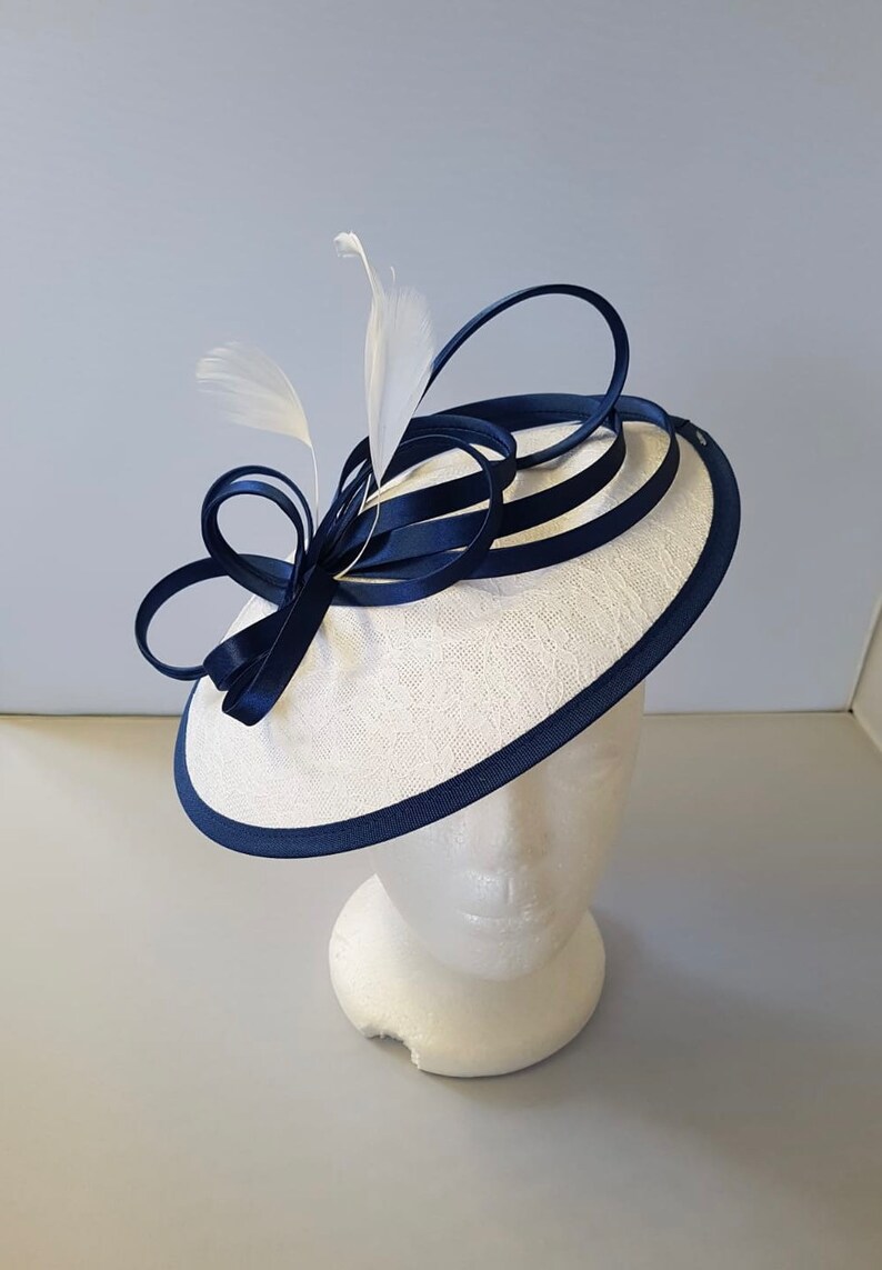 New White and Navy Blue Round Fascinator Hatinator with Band & Clip Weddings Races, Ascot, Kentucky Derby, Melbourne Cup image 4