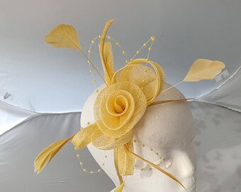 New Yellow Colour Fascinator Hatinator with HeadBand Weddings Races, Ascot, Kentucky Derby, Melbourne Cup - Small Size