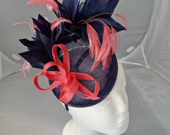 New Navy Blue and Coral Pink Round Fascinator Hatinator with Band & Clip Weddings Races, Ascot, Kentucky Derby, Melbourne Cup