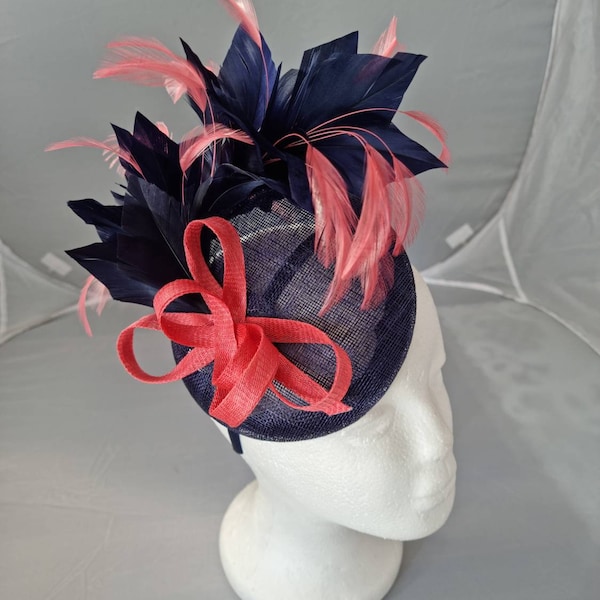 New Navy Blue and Coral Pink Round Fascinator Hatinator with Band & Clip Weddings Races, Ascot, Kentucky Derby, Melbourne Cup