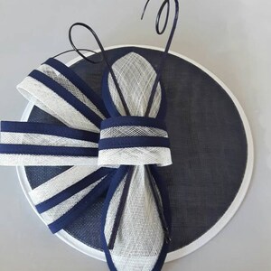 New Navy White Round Fascinator Hatinator with Band & Clip Weddings Races, Ascot, Kentucky Derby, Melbourne Cup image 3