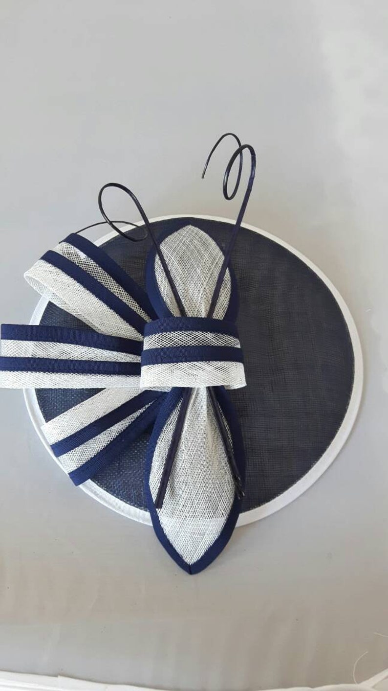 New Navy White Round Fascinator Hatinator with Band & Clip Weddings Races, Ascot, Kentucky Derby, Melbourne Cup image 3