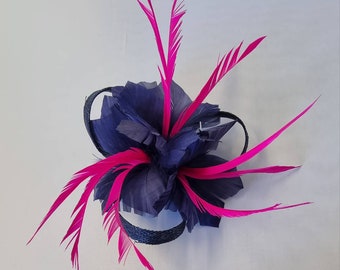 New Navy Blue,Hot Pink Colour Flower Hatinator with Clip Weddings Races, Ascot, Kentucky Derby, Melbourne Cup - Small Size