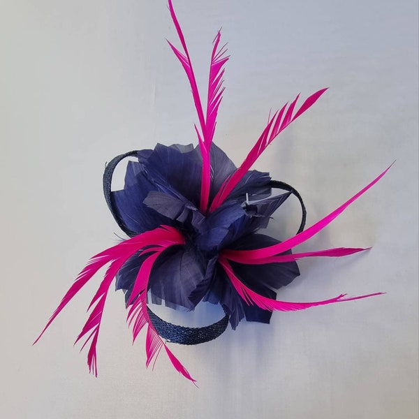 New Navy Blue,Hot Pink Colour Flower Hatinator with Clip Weddings Races, Ascot, Kentucky Derby, Melbourne Cup - Small Size