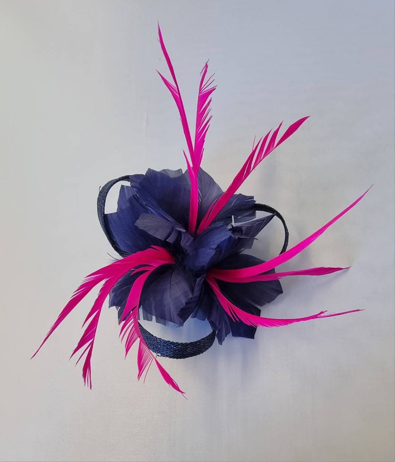 New Navy Blue,Hot Pink Colour Flower Hatinator with Clip Weddings Races, Ascot, Kentucky Derby, Melbourne Cup Small Size image 1