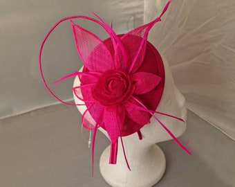 New Hot Pink Color Stunning Fascinator Hatinator Sinamay Wedding Hat Woth Clip and Headband .Tea Party,Royal Ascot