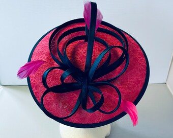 New Hot Pink and Navy Blue Round Fascinator Hatinator with Band & Clip Weddings Races, Ascot, Kentucky Derby, Melbourne Cup