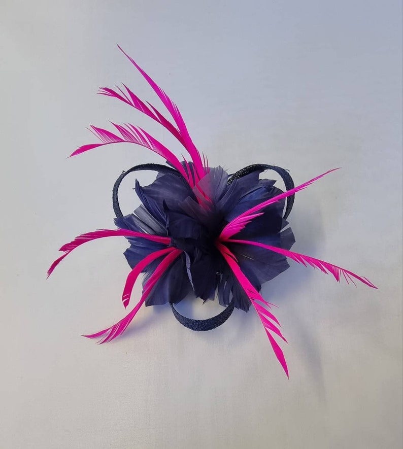 New Navy Blue,Hot Pink Colour Flower Hatinator with Clip Weddings Races, Ascot, Kentucky Derby, Melbourne Cup Small Size image 3