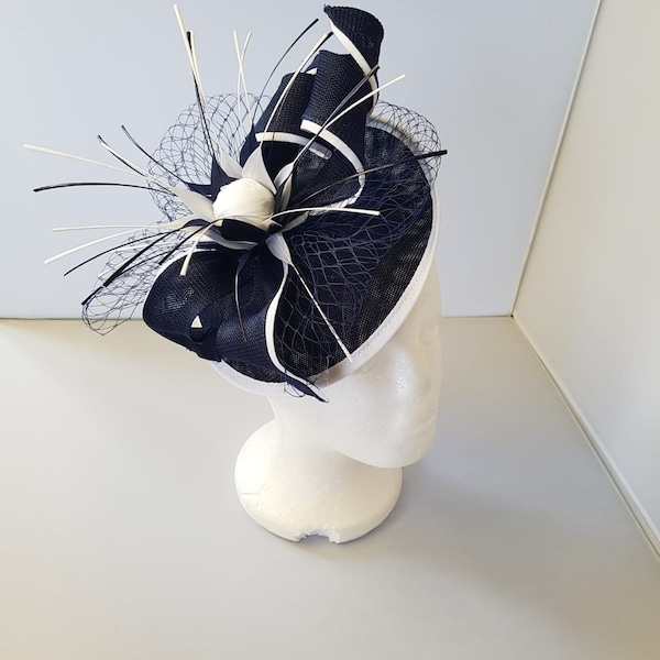New Navy Blue and White Fascinator Hatinator with Band & Clip Weddings Races, Ascot, Kentucky Derby, Melbourne Cup