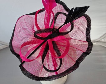 New Hot Pink and Black Round Fascinator Hatinator with Band & Clip Weddings Races, Ascot, Kentucky Derby, Melbourne Cup