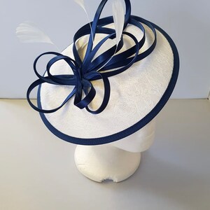 New White and Navy Blue Round Fascinator Hatinator with Band & Clip Weddings Races, Ascot, Kentucky Derby, Melbourne Cup image 2