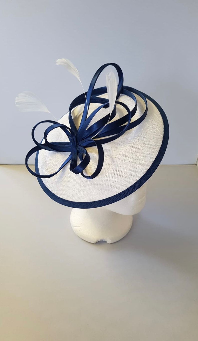 New White and Navy Blue Round Fascinator Hatinator with Band & Clip Weddings Races, Ascot, Kentucky Derby, Melbourne Cup image 2