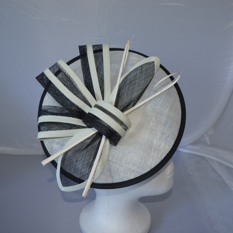 New Navy White Round Fascinator Hatinator with Band & Clip Weddings Races, Ascot, Kentucky Derby, Melbourne Cup Cream and Black