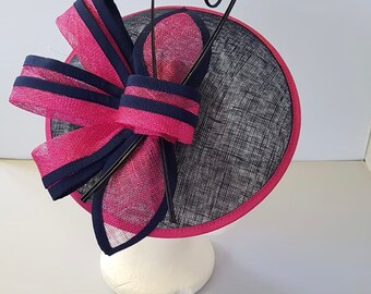 New Navy Blue and Hot Pink Round Fascinator Hatinator with Band & Clip Weddings Races, Ascot, Kentucky Derby, Melbourne Cup