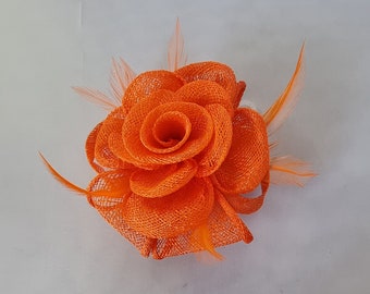 New Orange Colour Flower Hatinator with Clip Weddings Races, Ascot, Kentucky Derby, Melbourne Cup - Small Size