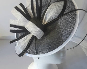 New Black White Round Fascinator Hatinator with Band & Clip Weddings Races, Ascot, Kentucky Derby, Melbourne Cup