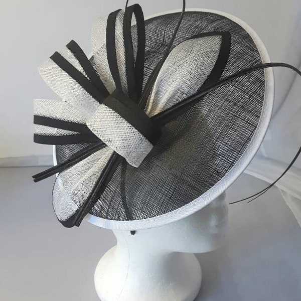 New Black White Round Fascinator Hatinator with Band & Clip Weddings Races, Ascot, Kentucky Derby, Melbourne Cup