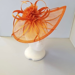May include: A burnt orange fascinator with a large flower and feathers.