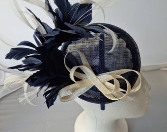 New Navy Blue With Cream Feather Round Fascinator Hatinator with Band & Clip Weddings Races, Ascot, Kentucky Derby, Melbourne Cup