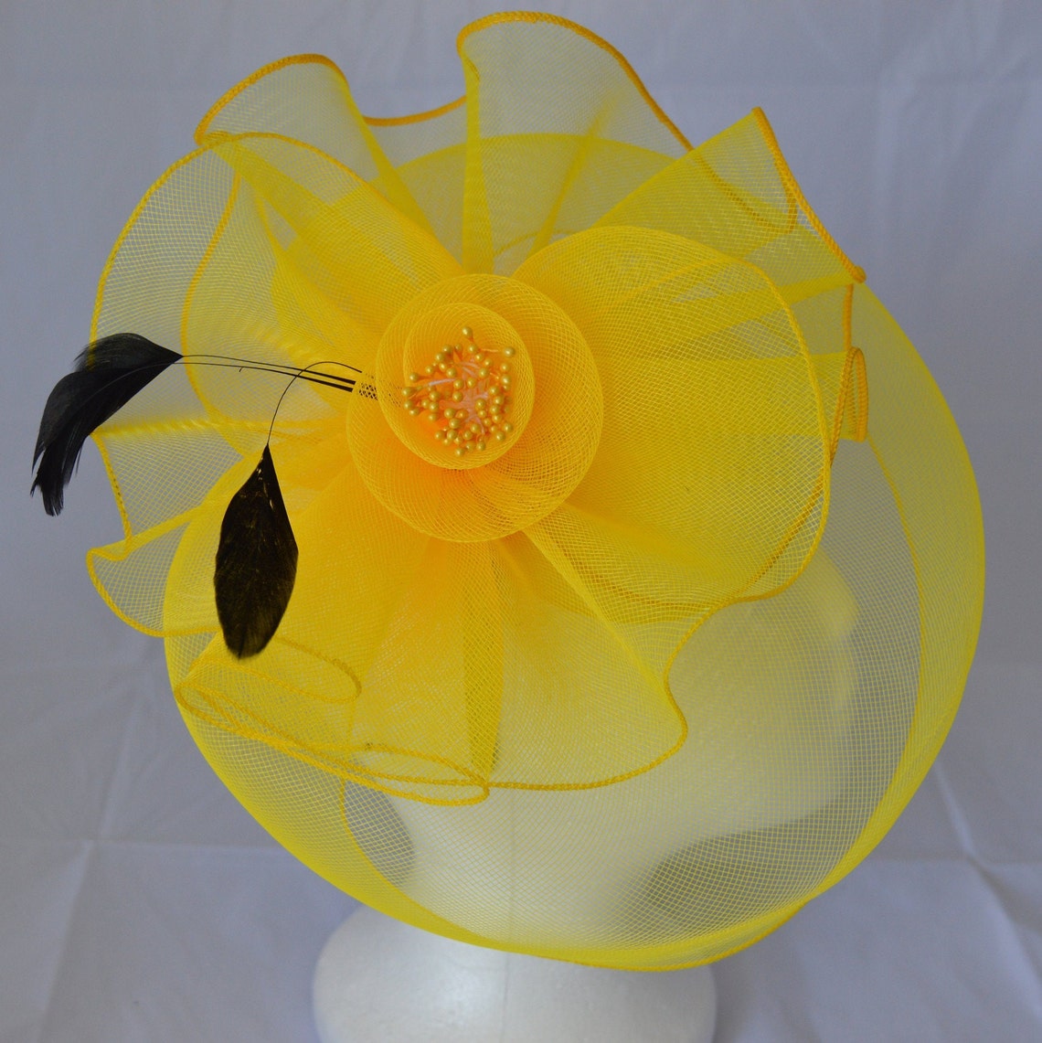 Yellow Fascinator Hatinator a wave of folded centre flower on Etsy