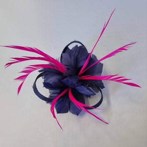 New Navy Blue,Hot Pink Colour Flower Hatinator with Clip Weddings Races, Ascot, Kentucky Derby, Melbourne Cup Small Size image 2