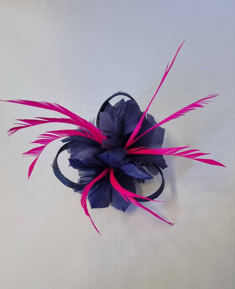 New Navy Blue,Hot Pink Colour Flower Hatinator with Clip Weddings Races, Ascot, Kentucky Derby, Melbourne Cup Small Size image 2