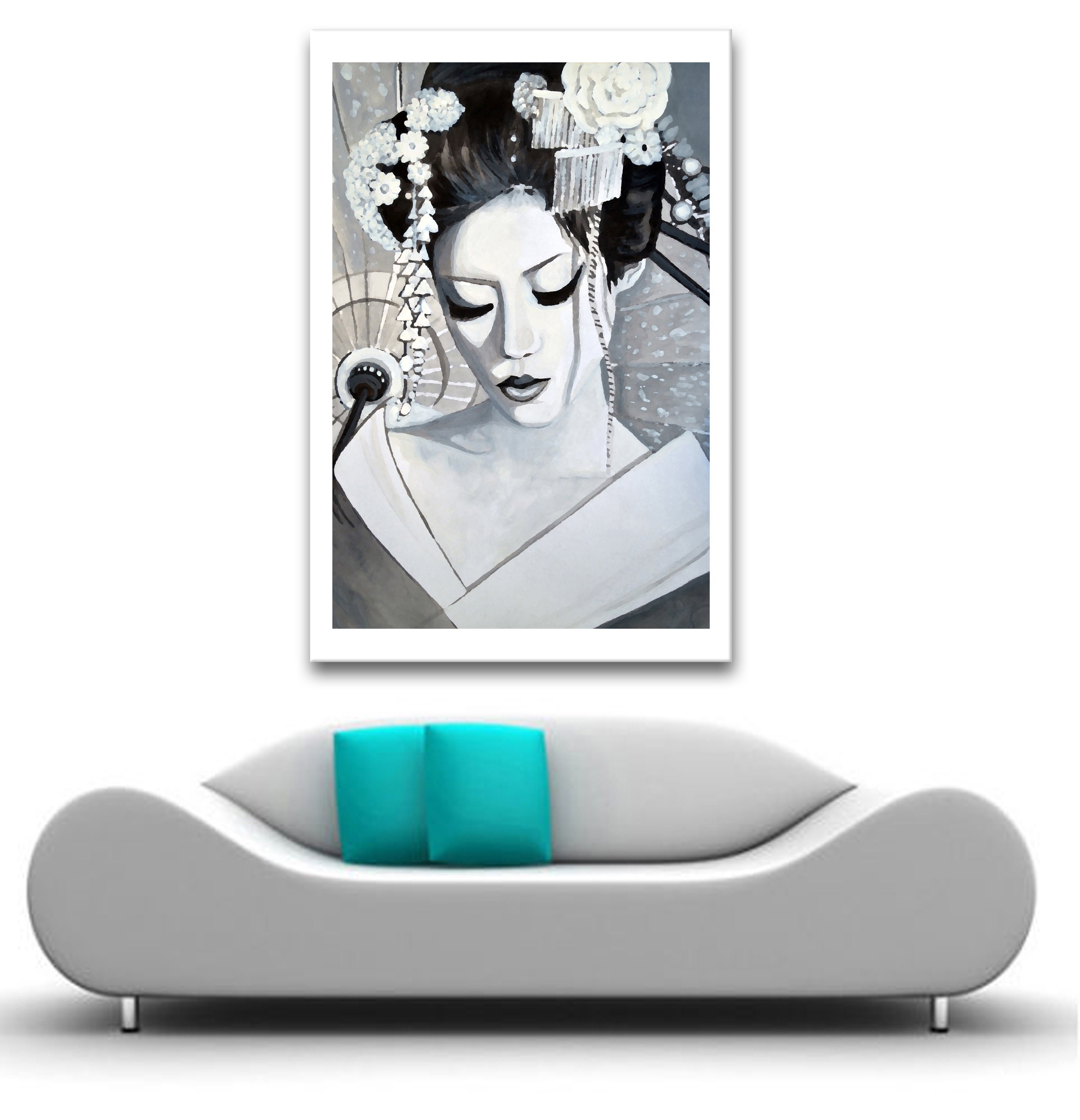 LARGE FRAMED CANVAS WALL ART PRINT JAPANESE PAINTING WHITE GREY GEISHA PICTURE 