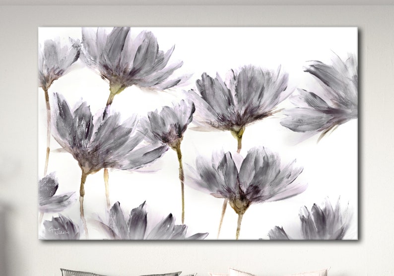 Beautiful Grey & White Canvas Print, Green Stem Flowers, Large Wall Art