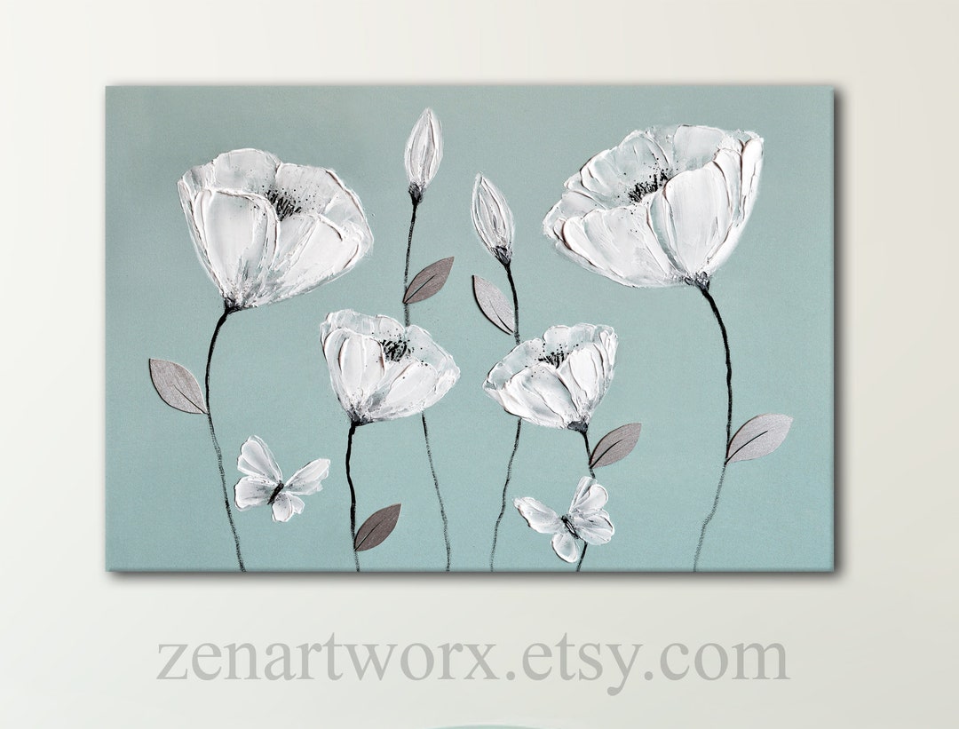 Beautiful Duck Egg Blue Canvas Picture & White Butterfly Flowers