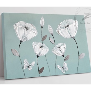 Beautiful Duck Egg Blue Canvas Picture & White Butterfly Flowers, Relaxing Zen Meadow Hand Painting, Stunning Contemporary Wall Art Print