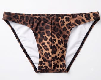 Size L Men's Swim Briefs: Handmade Feather Print Swimwear