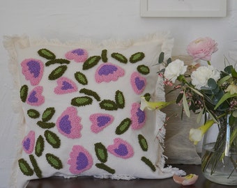 Punch Needle Pink Heart Flowers Cushion Cover, Nursery decor, Unique Throw Pillow, Cute Flower Throw Pillow, Embroidery Pillow Case