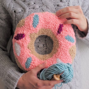 Donut pillow gift / donut plush for baby / crochet donut decor / tufted throw pillow / punch needle pillow / nursing round pillow image 1