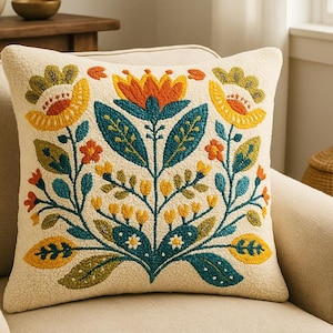 May include: Cream-colored square throw pillow with a floral design. The embroidered pattern features a central orange flower, teal leaves, and yellow and orange accents. The pillow is placed on a beige armchair.