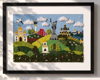 Tufted Punch Needle Wall Hanging with Kyiv: Nature Inspired Fiber Art, Wool Yarn Tapestry
