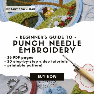 以下が含まれることがあります： パンチニードル刺繍の初心者向けガイドを宣伝する画像。画像には、緑、茶色、青色の糸を使用した、青いフープで完成した刺繍作品が写っています。「即時ダウンロード」と「今すぐ購入」というテキストが含まれています。はさみ、糸、パンチニードルツールも表示されています。