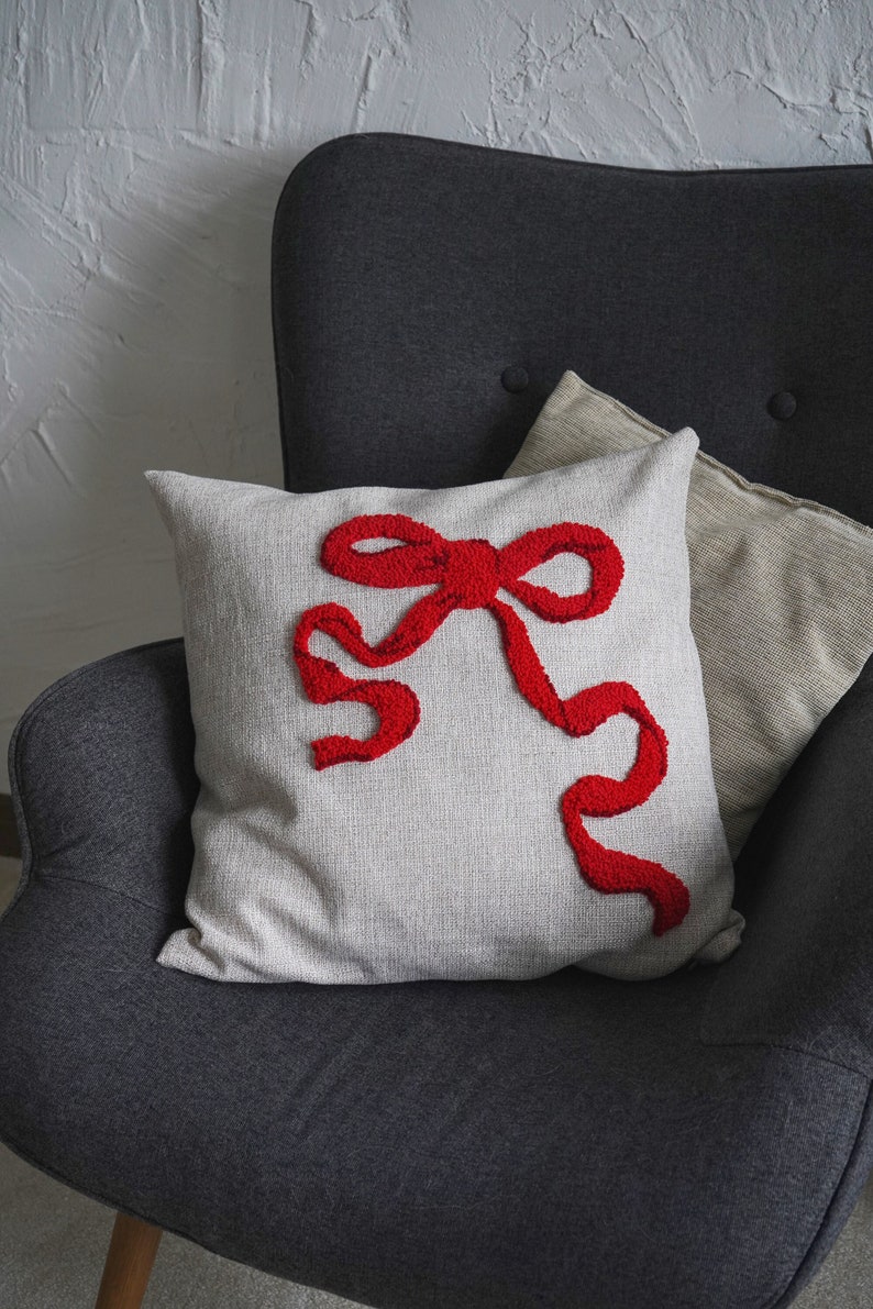 Punch Needle Red Bow Pillow Case, Embroidered Cushion Cover, Modern Art, Textile Gifts, Colorful Pillows, Unique Pillow image 1