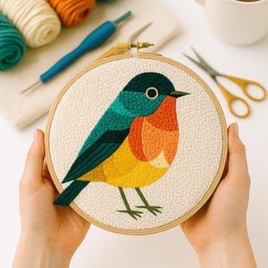 May include: A colorful bird embroidery in a wooden hoop. The bird features teal, orange, yellow, and black details. Craft supplies, including yarn and scissors, are arranged around the embroidery hoop, suggesting a crafting theme.
