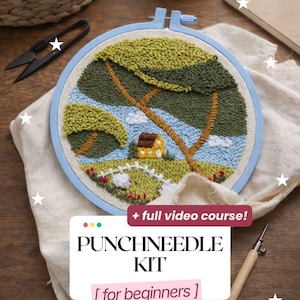 May include: A punch needle embroidery project in a light blue circular hoop featuring a landscape with a yellow house, green hills, trees, and a white fence. The text reads + full video course! PUNCHNEEDLE KIT [for beginners].