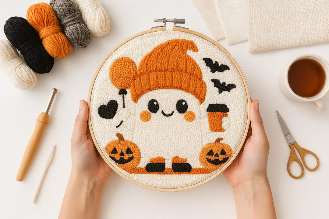 Kit Punch Needle Halloween Citrouille - Broderie Pour Débutants Avec Toile Imprimée - Loisir Créatif & Décoration Fête
