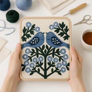 May include: A framed embroidery featuring two blue birds facing each other, perched on a tree with blue berries. The embroidery is set against a cream-colored background, with a light wooden frame. Craft supplies and a cup of tea are in the background.