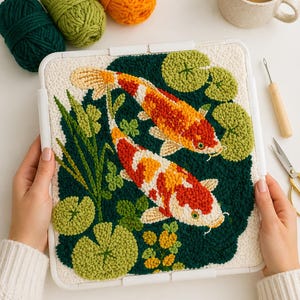 Puede incluir: Arte de aguja perforada con dos peces koi en un estanque. Los peces son de color naranja y blanco, sobre un fondo verde oscuro con nenúfares y plantas acuáticas. La obra de arte está enmarcada en un marco cuadrado blanco.